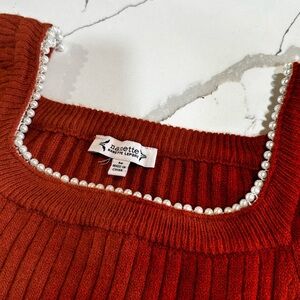 Nanette Lepore pearl lined squared neck coral/orange ribbed bell sleeves Med